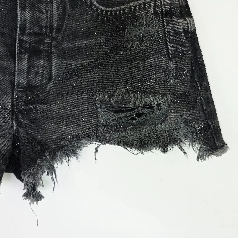 Pilcro Anthropologie Devon Denim Shorts 25 Black Rhinestone Distressed Frayed